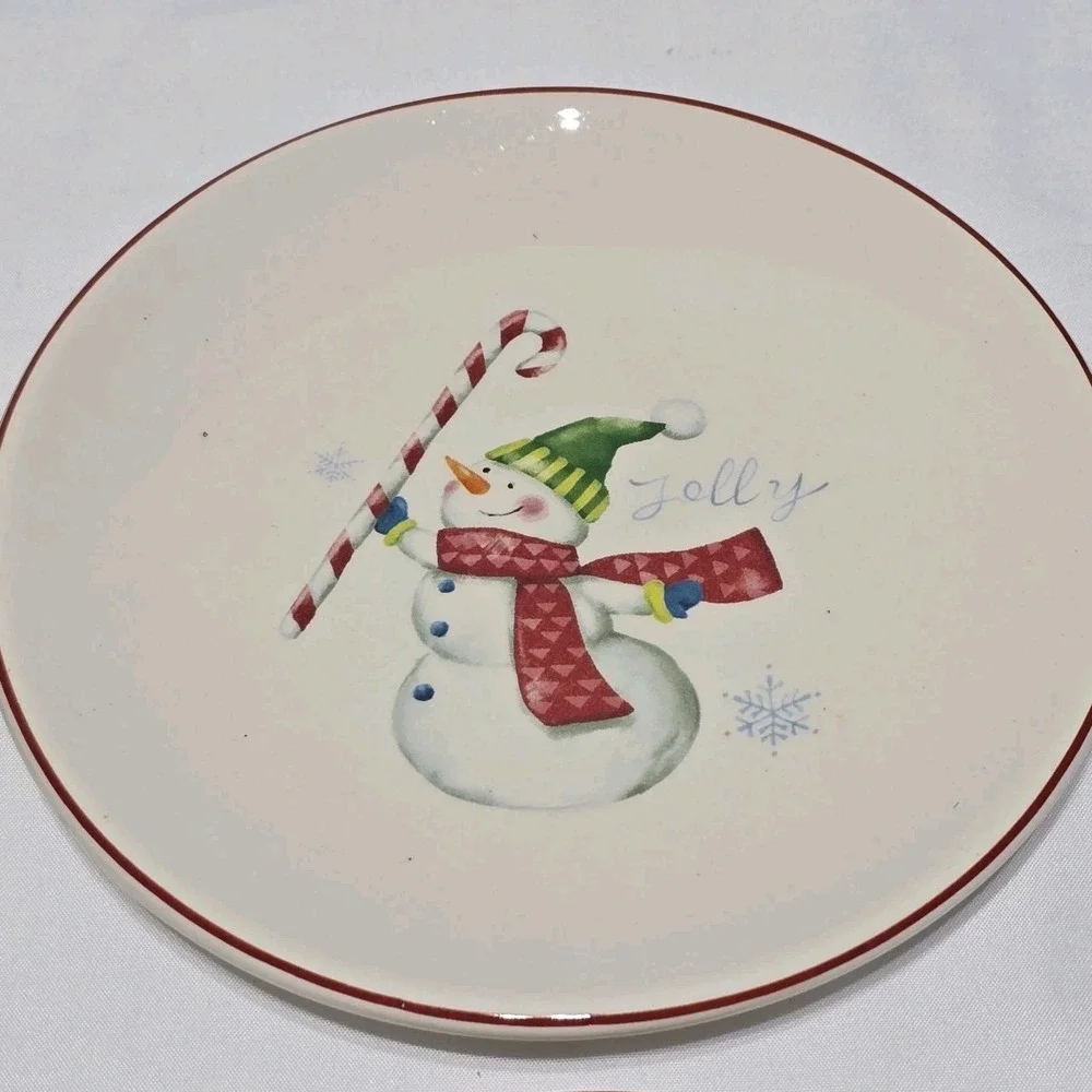 Pier 1 Christmas Appetizer Plates Set 4 Cream Santa Reindeer Snowman 6.25in